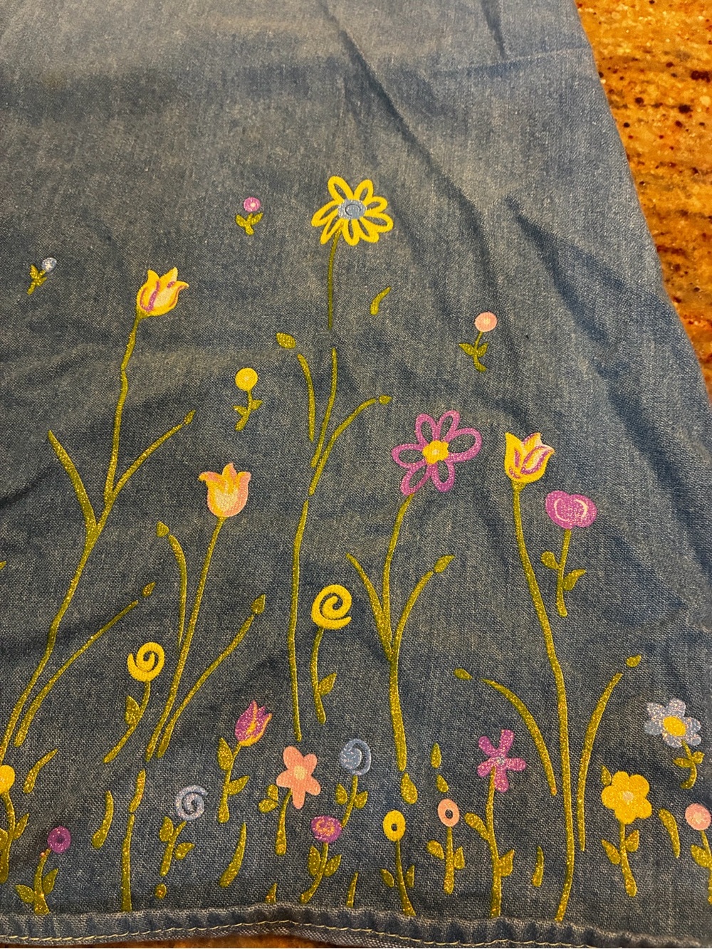 ZOEY Denim Floral Embroidered Girls' Sundress - Blue with Yellow Trim, Size: 7 - Picture 8 of 11